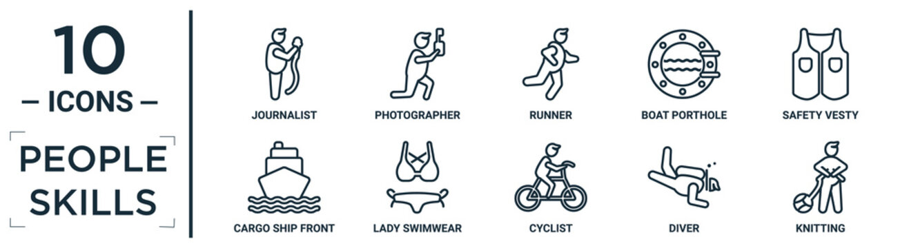 people.skills linear icon set. includes thin line journalist, runner, safety vesty, lady swimwear, diver, knitting, cargo ship front view icons for report, presentation, diagram, web design