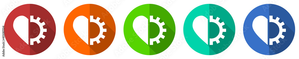 Poster heart and cogwheel vector icon set, red, blue, green and orange flat design web buttons isolated on 