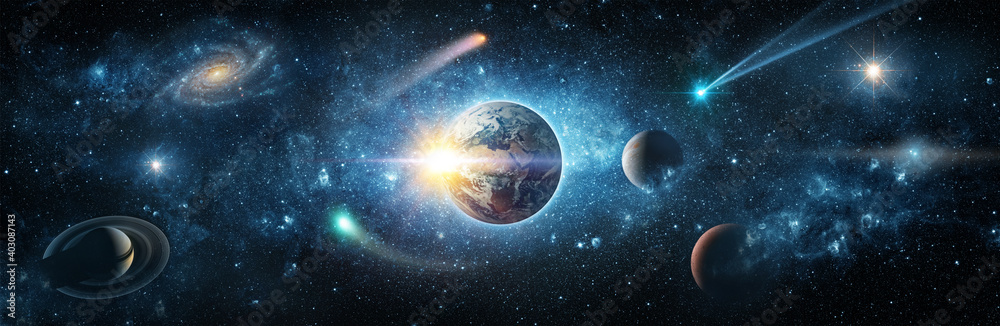 Wall mural view from space to the planet earth, galaxies, stars, comet, asteroid, meteorite, nebula, saturn, ju