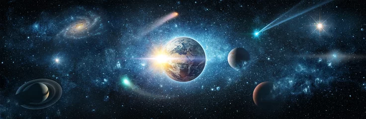 Foto op Canvas Uitzicht vanuit de ruimte naar de planeet aarde, sterrenstelsels, sterren, komeet, asteroïde, meteoriet, nevel, Saturnus, Jupiter. Kosmisch panorama van het heelal. Ruimtevaart fantasie. © Tryfonov