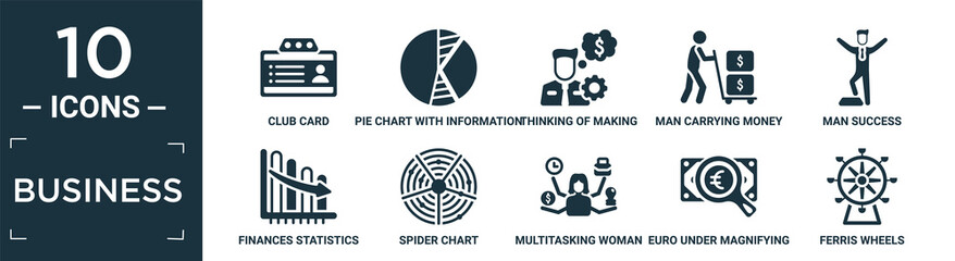 filled business icon set. contain flat club card, pie chart with information, thinking of making money, man carrying money, man success, finances statistics descending bars graphic, spider chart,.