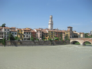 Panorama view of the city of Verona with part of the Ponte Pietra on the right
