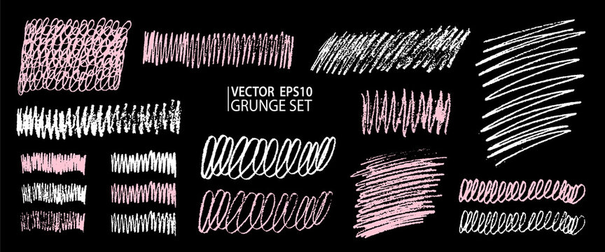 Grunge pencil sketches set. Grunge stains collection. Charcoal pencil hatches. Doodle scribbles set. Grungy textures and strokes.