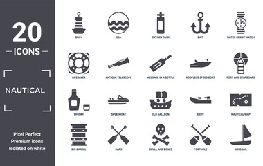 nautical icon set. include creative elements as buoy, water resist watch, roofless speed boat, old galleon, oars, whisky filled icons can be used for web design, presentation, report and diagram
