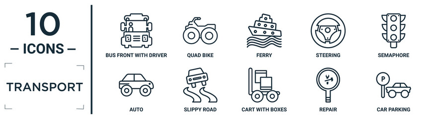 transport linear icon set. includes thin line bus front with driver, ferry, semaphore, slippy road, repair, car parking, auto icons for report, presentation, diagram, web design