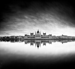 The famous Hungarian Parliament in the morning in black and white