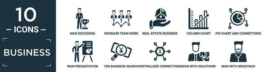 filled business icon set. contain flat man succesing, increase team work, real estate business house on a hand, column chart, pie chart and connections, man presentation, yen business search,.