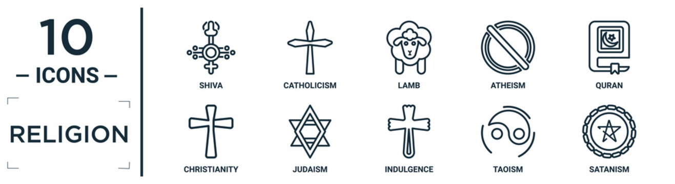 religion linear icon set. includes thin line shiva, lamb, quran, judaism, taoism, satanism, christianity icons for report, presentation, diagram, web design
