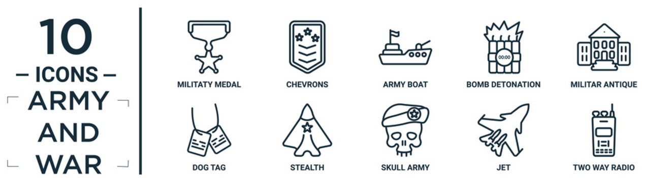 army.and.war linear icon set. includes thin line militaty medal, army boat, militar antique building, stealth, jet, two way radio, dog tag icons for report, presentation, diagram, web design