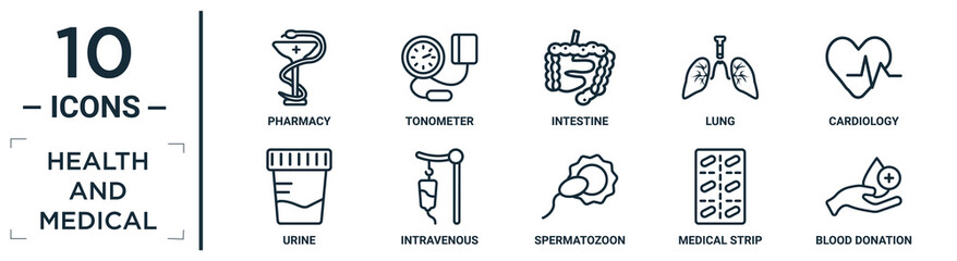 health.and.medical linear icon set. includes thin line pharmacy, intestine, cardiology, intravenous, medical strip, blood donation, urine icons for report, presentation, diagram, web design