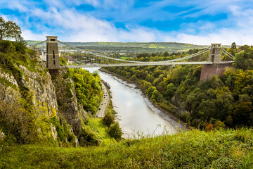 A view looking up the Avon gorge towards Bristol and the Clifton Suspension bridge that spans it on...