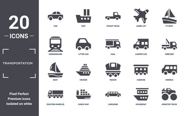 transportation icon set. include creative elements as car, pt boat, camper car, wagon, cargo ship, boat filled icons can be used for web design, presentation, report and diagram