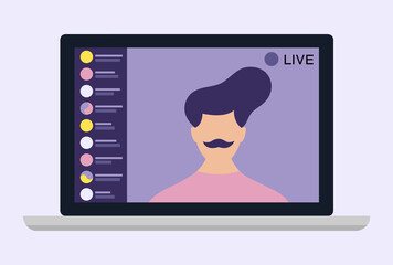 Young blogger guy holding an online event live, website interface. Vector illustration on white isolated background.