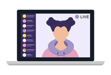 Young female blogger holding a live streaming online event, website interface. Vector illustration on white isolated background.