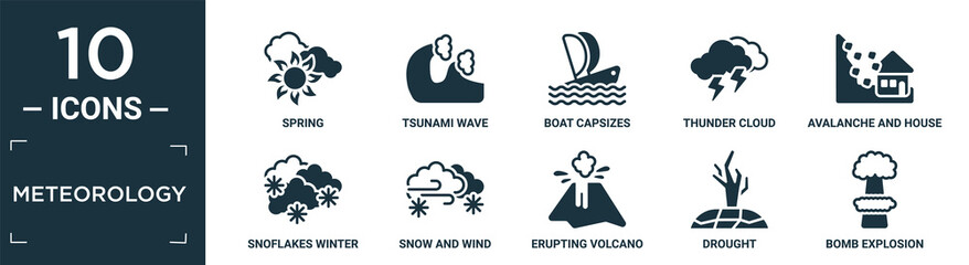 filled meteorology icon set. contain flat spring, tsunami wave, boat capsizes, thunder cloud, avalanche and house, snoflakes winter cloud, snow and wind, erupting volcano, drought, bomb explosion.