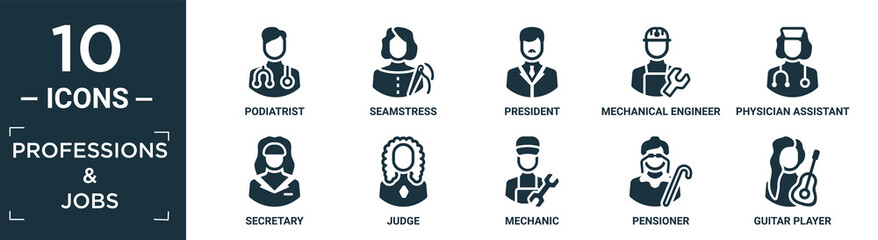 filled professions & jobs icon set. contain flat podiatrist, seamstress, president, mechanical engineer, physician assistant, secretary, judge, mechanic, pensioner, guitar player icons in editable.