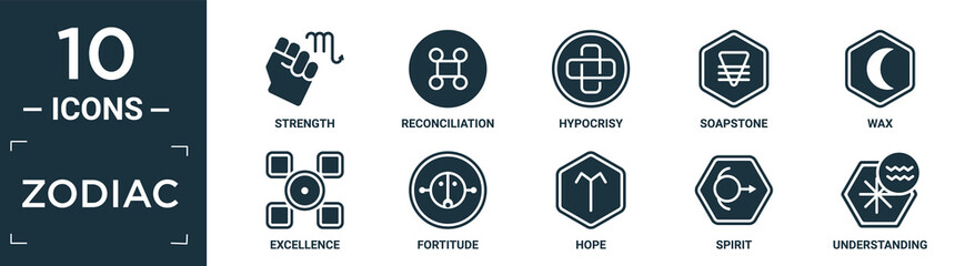 filled zodiac icon set. contain flat strength, reconciliation, hypocrisy, soapstone, wax, excellence, fortitude, hope, spirit, understanding icons in editable format..