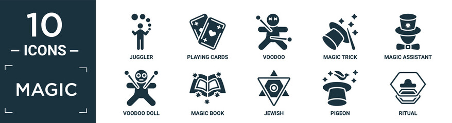 filled magic icon set. contain flat juggler, playing cards, voodoo, magic trick, magic assistant, voodoo doll, book, jewish, pigeon, ritual icons in editable format..