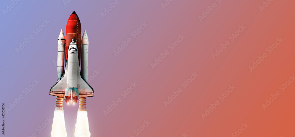 Poster space shuttle on color background. gradient. space art wallpaper. place for infographics. elements o