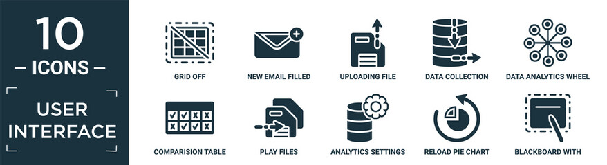 filled user interface icon set. contain flat grid off, new email filled envelope, uploading file, data collection, data analytics wheel, comparision table, play files, analytics settings, reload pie.