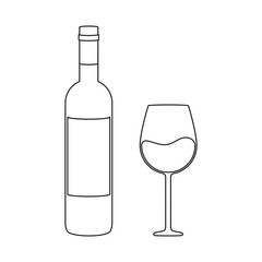 Simple wine bottle and wine glass for wine tasting concept in outline vector