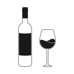Simple wine bottle and wine glass for wine tasting concept in vector