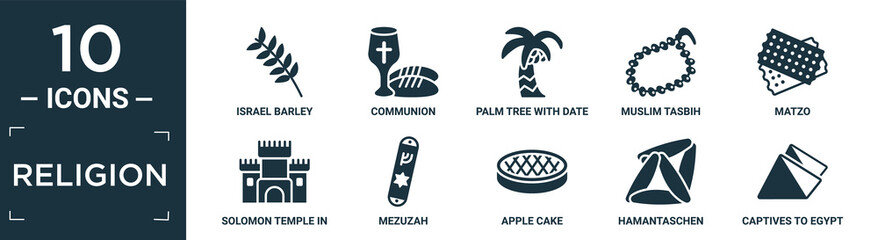 filled religion icon set. contain flat israel barley, communion, palm tree with date, muslim tasbih, matzo, solomon temple in jerusalem, mezuzah, apple cake, hamantaschen, captives to egypt icons in.