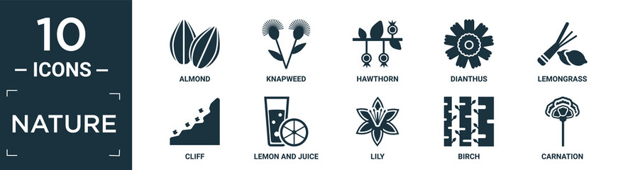 filled nature icon set. contain flat almond, knapweed, hawthorn, dianthus, lemongrass, cliff, lemon and juice drop out, lily, birch, carnation icons in editable format..