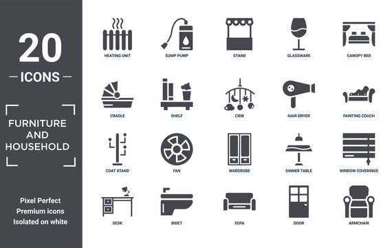 Furniture.and.household Icon Set. Include Creative Elements As Heating Unit, Canopy Bed, Hair Dryer, Wardrobe, Bidet, Coat Stand Filled Icons Can Be Used For Web Design, Presentation, Report And