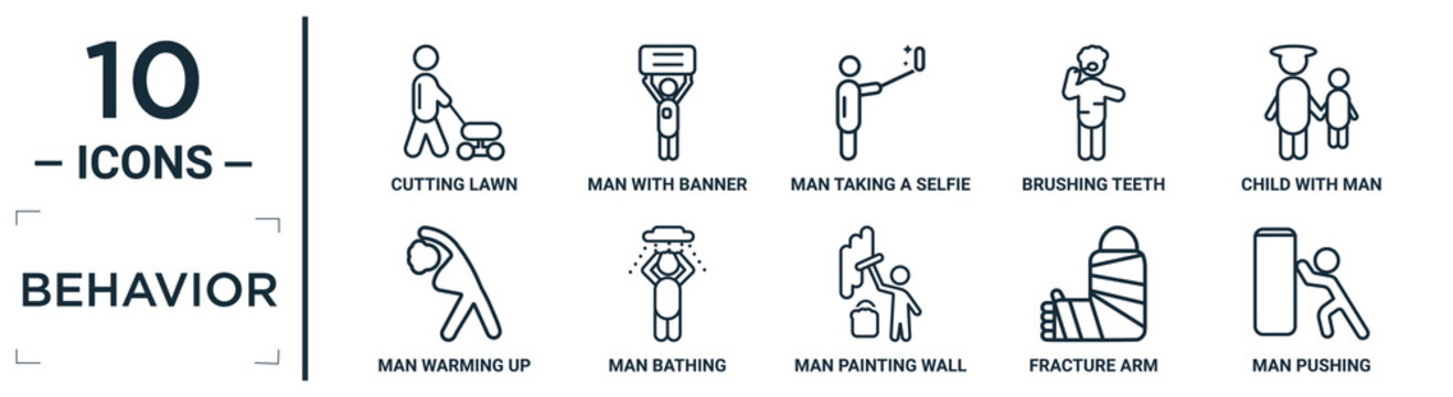 behavior linear icon set. includes thin line cutting lawn, man taking a selfie, child with man, man bathing, fracture arm, pushing, warming up icons for report, presentation, diagram, web design