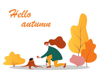 A girl feeds a hedgehog in the park with an autumn mood. Autumn concept. Vector flat illustration on white isolated background in modern style.