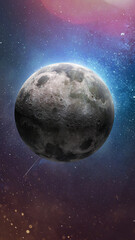 Full Moon in deep space. Vertical sci fi wallpaper. Far galaxy and planet. Elements of this image furnished by NASA