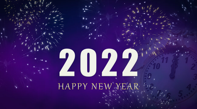 Happy New Year 2022 celebration greeting card with fireworks and faded clock on purple sky background. 