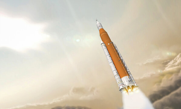 Launch of rocket in the space. Spaceship in the sky. Take off from Earth. SLS. Elements of this image furnished by NASA