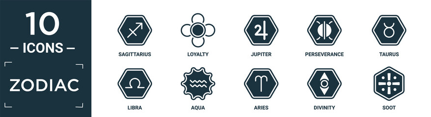 filled zodiac icon set. contain flat sagittarius, loyalty, jupiter, perseverance, taurus, libra, aqua, aries, divinity, soot icons in editable format..