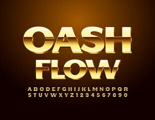 Vector premium sign Cash Flow. Shiny luxury Font. Modern Gold Alphabet Letters and Numbers set
