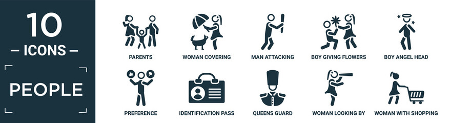 filled people icon set. contain flat parents, woman covering, man attacking, boy giving flowers to his girlfriend, boy angel head, preference, identification pass, queens guard, woman looking by a.