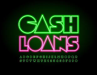 Vector neon banner Cash Loans. Glowing Green Font. Abstract Led Alphabet Letters and Numbers set