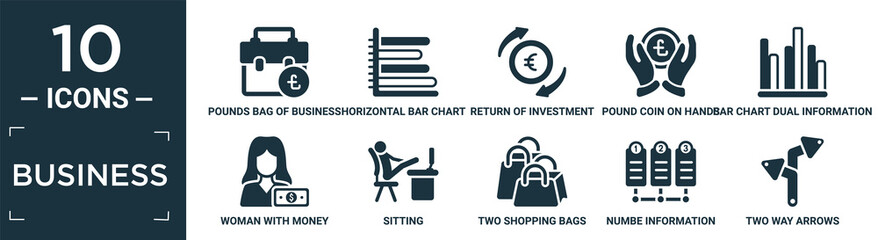 filled business icon set. contain flat pounds bag of business, horizontal bar chart, return of investment, pound coin on hands, bar chart dual information, woman with money, sitting, two shopping.