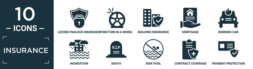 filled insurance icon set. contain flat locked padlock insurance, puncture in a wheel, building insurance, mortgage, burning car, inundation, death, risk pool, contract coverage, payment protection.
