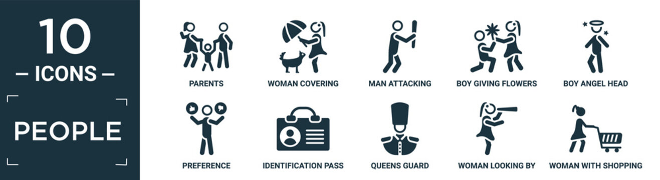 Filled People Icon Set. Contain Flat Parents, Woman Covering, Man Attacking, Boy Giving Flowers To His Girlfriend, Boy Angel Head, Preference, Identification Pass, Queens Guard, Woman Looking By A.