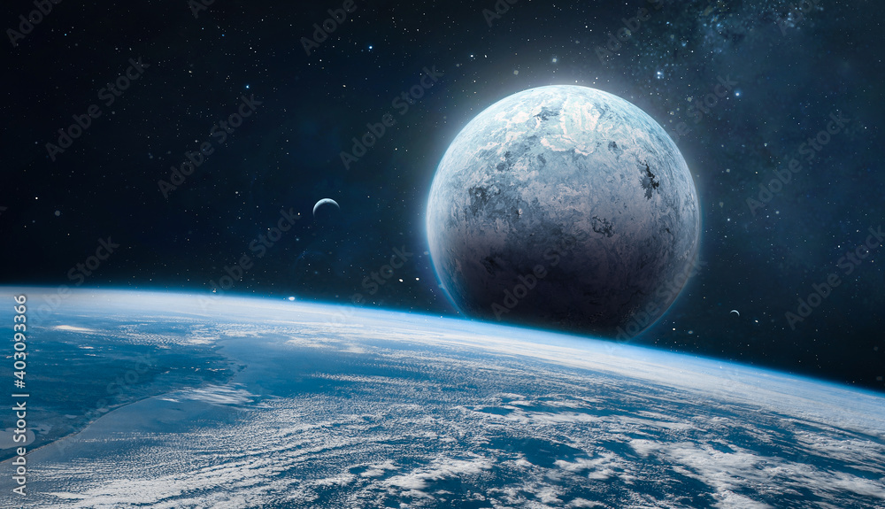 Poster Earth and other planets with atmosphere in deep space. Sci fi wallpaper. Exploration of the space. Elements of this image furnished by NASA
