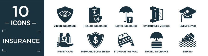 filled insurance icon set. contain flat vision insurance, health insurance, cargo overturned vehicle, unemployed, family care, of a shield with dollar, stone on the road, travel sinking icons in.