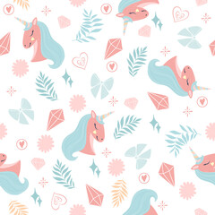 Cute childish seamless pattern with unicorn, crystals, hearts, stars and bows. Vector illustration. Pink and blue elements in white background. Simple  ornament for children. Lovely spring texture