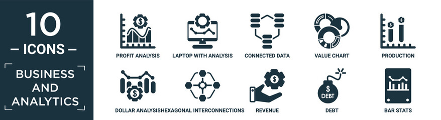 filled business and analytics icon set. contain flat profit analysis, laptop with analysis, connected data, value chart, production, dollar analysis bars, hexagonal interconnections, revenue, debt,.