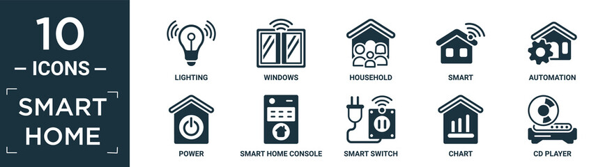 filled smart home icon set. contain flat lighting, windows, household, smart, automation, power, smart home console, smart switch, chart, cd player icons in editable format..