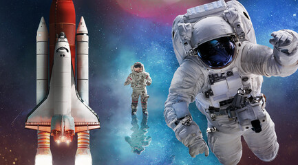Astronaut and space shuttle in deep bright space. Space art wallpaper. Collage with rocket and...