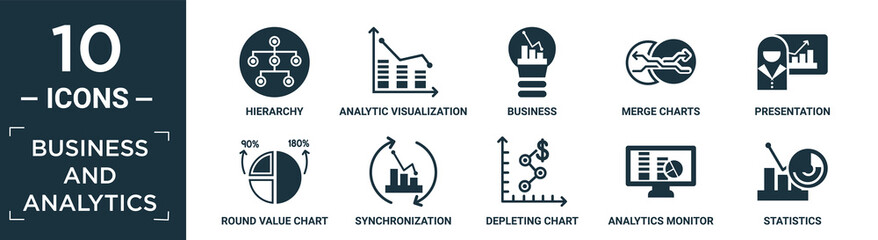filled business and analytics icon set. contain flat hierarchy, analytic visualization, business, merge charts, presentation, round value chart, synchronization, depleting chart, analytics monitor,.