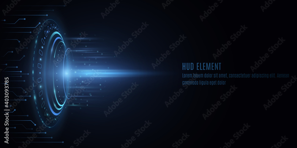 Poster futuristic hud interface circle with glowing elements. blue flash with rays and particles. computer 