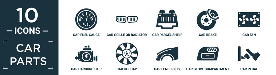 filled car parts icon set. contain flat car fuel gauge, car grille or radiator grille, car parcel shelf, brake, fan, carburettor, hubcap, fender (us, canadian), glove compartment, pedal icons in.